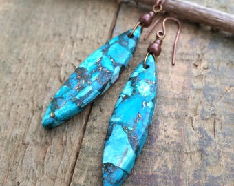 Blue Green Sediment Jasper Earrings, OOAK Copper Accents, Natural Stone Jewelry