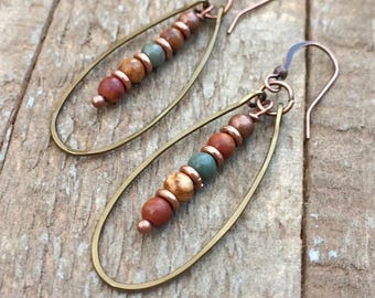 Boho Copper Hoop Earrings, Red Creek Jasper Stone Earrings, Jasper Jewelry, Small Hoop Earrings, Hammered Copper Earrings, Copper Jewelry