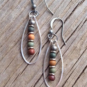 Silver Hoop Earrings, Boho Earrings, Colorful Jasper Earrings, Natural Stone Jewelry, Hammered Silver Hoop Earrings