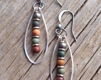 Silver Hoop Earrings, Boho Earrings, Colorful Jasper Earrings, Natural Stone Jewelry, Hammered Silver Hoop Earrings