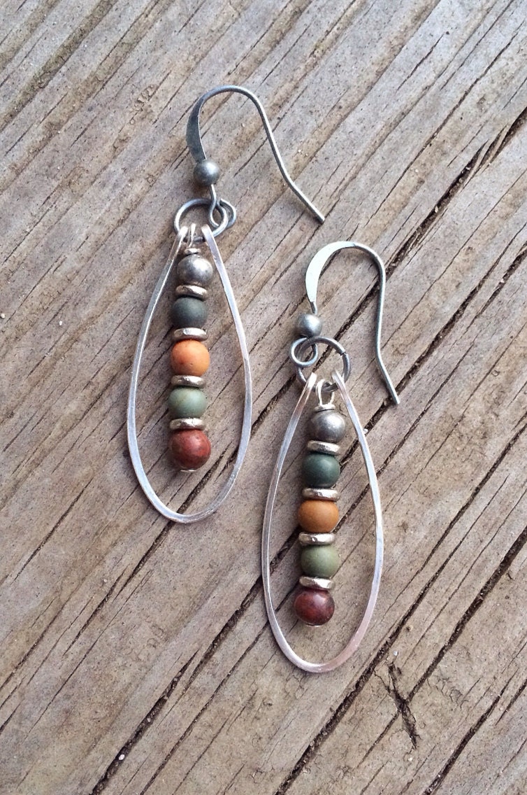 Silver Hoop Earrings, Boho Earrings, Colorful Jasper Earrings, Natural Stone Jewelry, Hammered Silver Hoop Earrings