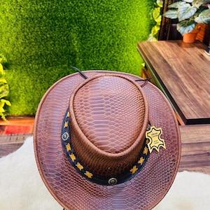 Premium Embossed Leather Cowboy Hat with Intricate Star Band - Authentic Western Rodeo Style