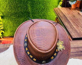 Premium Embossed Leather Cowboy Hat with Intricate Star Band - Authentic Western Rodeo Style