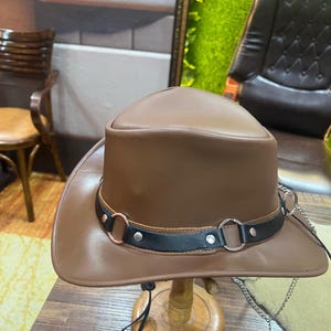 Light Brown Leather Cowboy Hat with Black Strap and Metal Rings – Western Style Handmade Hat for Men & Women – Rodeo Costume Accessory