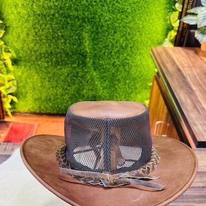 Echte leren cowboyhoed met mesh bovenkant – western outback-stijl | Ademende, handgemaakte, uniseks outdoorhoed