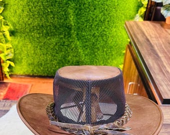 Genuine Leather Cowboy Hat with Mesh Top – Western Outback Style | Breathable, Handmade, Unisex Outdoor Hat