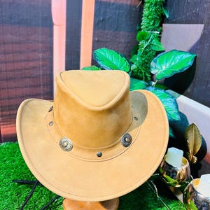 Vintage Tan Leather Cowboy Hat | Handmade Western Hat with Decorative Conchos | Premium Rodeo & Country Style Hat