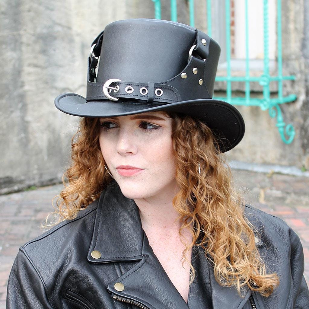 Black Leather Biker Top Hat – Steampunk Rocker Hat with Buckle & Rivets – Gothic Costume or Party Hat