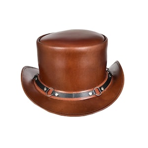 Bruinleren hoge magische hoed – steampunk-cowboyhoed met zwarte band – handgemaakte western festivalhoofddeksels”