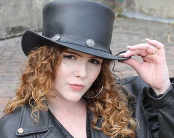 Premium Black Leather Top Hat – Steampunk Gothic Cowboy Hat for Men & Women, Handmade Western Festival Hat with Band Accents