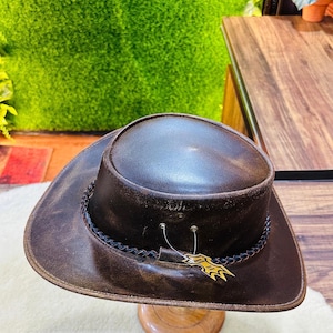 Genuine Leather Cowboy Hat for Men | Western Style Outback Hat | Handmade Vintage Rancher Hat | Black Leather Fedora Hat