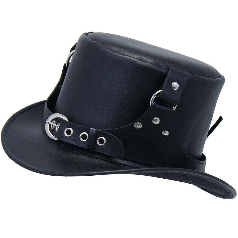 Black Leather Biker Top Hat – Steampunk Rocker Hat With Buckle & Rivets ...