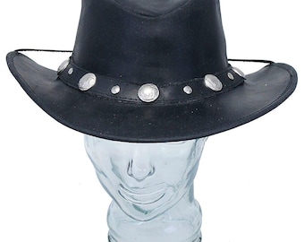 Leather Cowboy Hat for Men & Women – Western Outback Vintage Style Hat with Chin Strap and Conchos – Rustic Steampunk Rodeo Hat