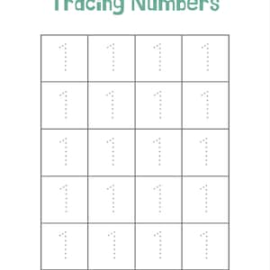 May include: A white worksheet with the text "Tracing Numbers" in green. The worksheet is divided into a grid of squares, each containing a dotted outline of the number 1 for tracing practice.