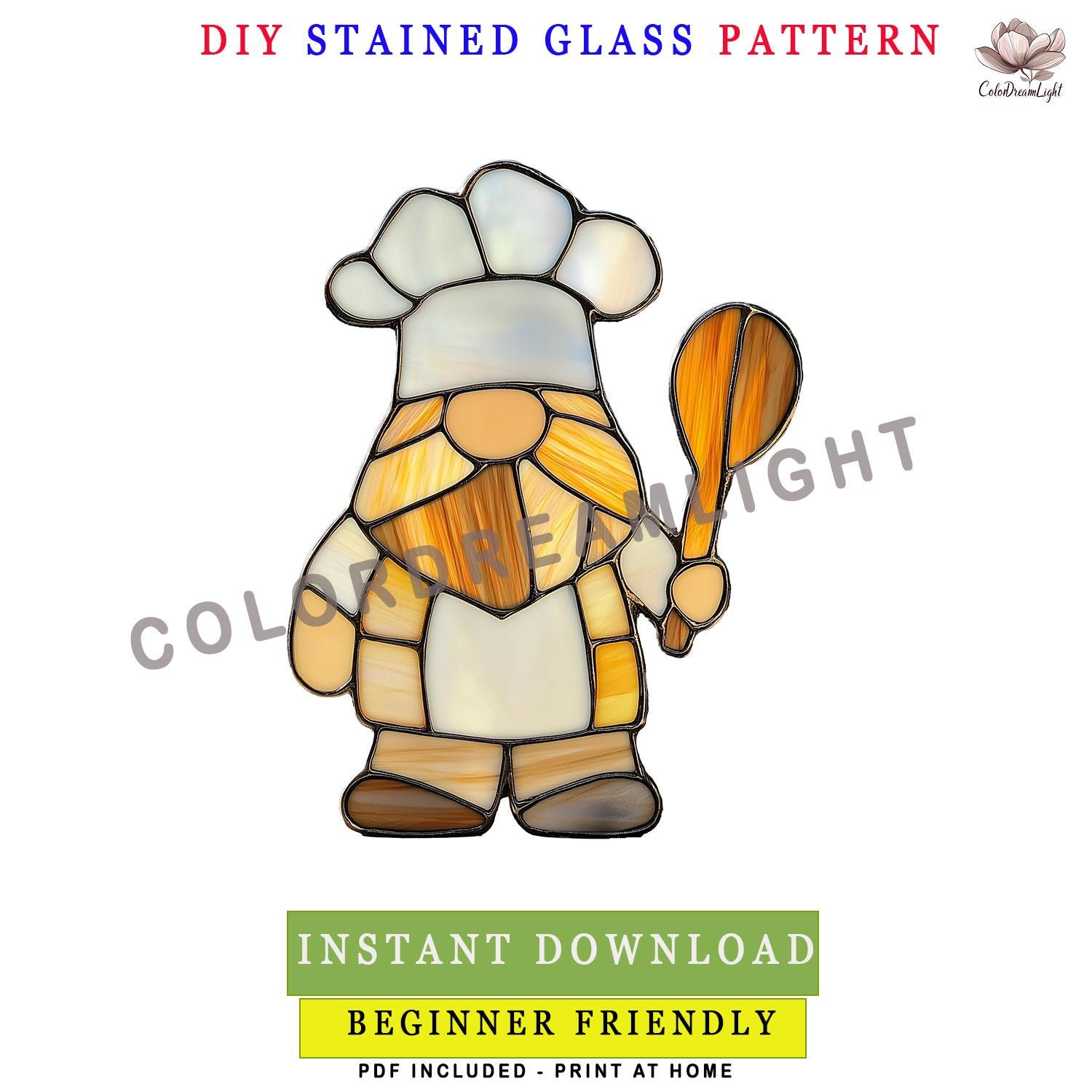 Chef Gnome Stained Glass Pattern, Cute Kitchen Suncatcher Template ...
