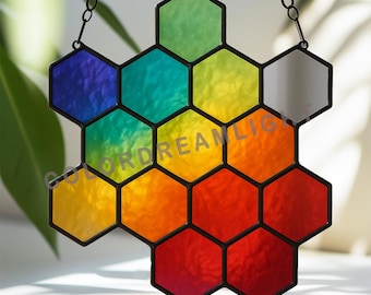 Honeycomb Stained Glass Pattern: Rainbow Hexagon Suncatcher (PDF SVG PNG, No.04-41GE)