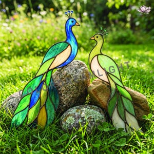 May include: Two stained glass peacock figurines in shades of blue, green, and yellow, perched on rocks in a grassy garden. The peacocks have detailed feather patterns and are accented with small, decorative crowns.