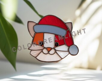 Christmas Cat Stained Glass Pattern, Cute Kitten Suncatcher Template, Holiday Pet Ornament DIY, Easy Glass Art Design (No.04-195AN)