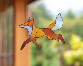 Jumping Fox Stained Glass Pattern – Elegant Animal Suncatcher PDF Template, Woodland Forest DIY Glass Art for Beginners (No.04.74AN)
