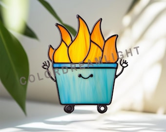 Cute Dumpster Fire Suncatcher Pattern, Funny Stained Glass DIY Template, Encouragement Meme Gift & Uplifting Window Art, Digital Glass Art