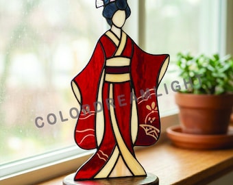 Patrón de vidriera de geisha japonesa, PDF de decoración de mesa con kimono, plantilla de arte en vidrio de mujer asiática, patrón de atrapasoles oriental (n.° 04-244TH)