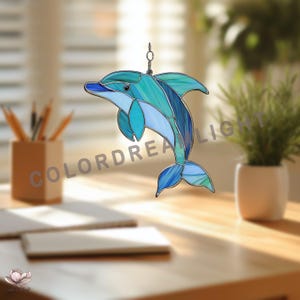 Patrón de vitral de delfín en PDF: plantilla para atrapasol oceánico, arte en vidrio DIY para principiantes, decoración de ventanas con animales marinos, fácil para principiantes, decoración de verano