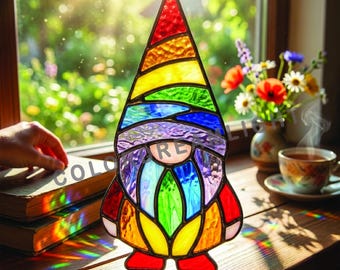 Rainbow Gnome Stained Glass Pattern, Colorful Garden Gnome Suncatcher Template, Fantasy Glass Art SVG PNG SVG Download (No.04-212GO)
