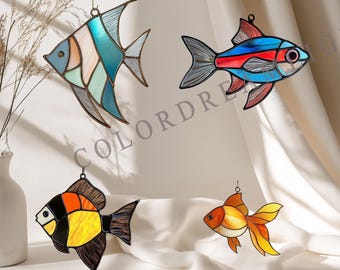 Set of 4 Fish Stained Glass Patterns, Tropical Fish Suncatcher Templates, Ocean Sea Life  PDF PNG for Stained Glass Projects (No.04-BDL20)