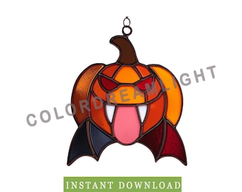 Patrón de vitral de calabaza vampiro (PDF), plantilla de atrapasol de alas de murciélago para Halloween, arte de vidrio espeluznante, decoración de ventanas DIY, descarga SVG para principiantes