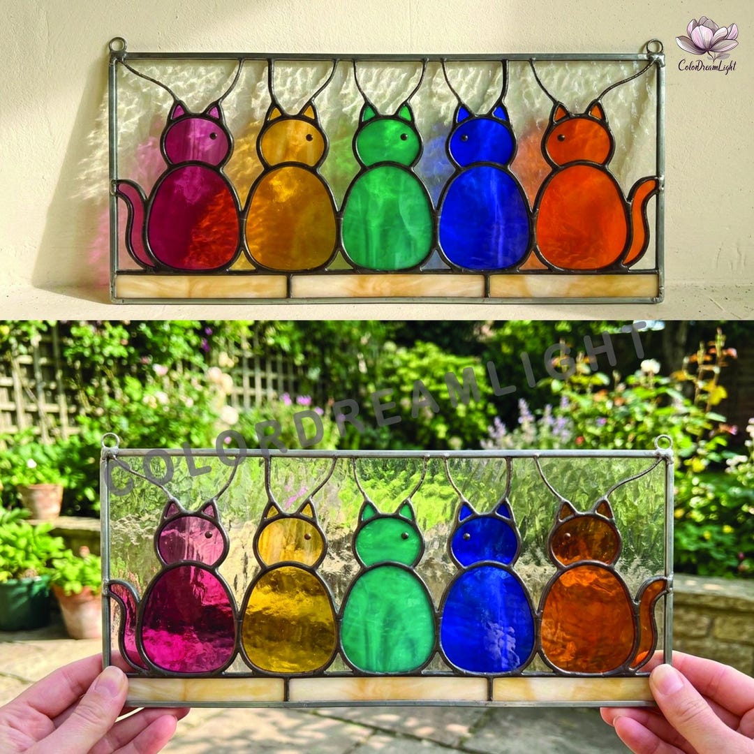 Colorful Cat Stained Glass Pattern – Cute Sitting Cats Suncatcher Panel ...