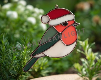 Robin Stained Glass Pattern with Santa Hat,  Christmas Bird Suncatcher Template, Winter Window Hanging (PDF, PNG, SVG, No.04-201BI)