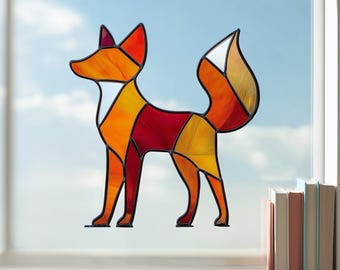 Standing Red Fox Stained Glass Pattern, Geometric Animal Suncatcher Template, Woodland Wildlife DIY Glass Art for Beginners (No.04-78AN)