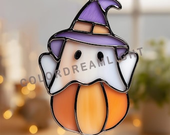 Diseño de vidriera de calabaza fantasma con sombrero de bruja, plantilla para atrapasoles de Halloween, arte en vidrio espeluznante, decoración otoñal DIY (N.º 04-80-HA)