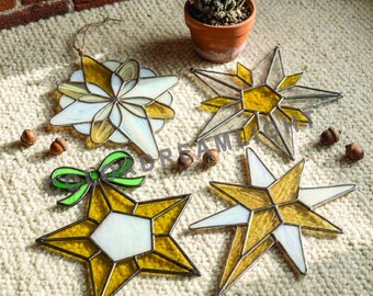 Paquete de patrones de vidrieras de estrellas navideñas, decoración navideña para ventanas, arte en vidrio para adornos navideños (n.° 04-02CH)