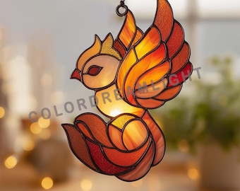 Patrón de vitral de fénix con huevo, plantilla de atrapasol de ave mítica, diseño de colgante de ventana de llama de renacimiento SVG PDF PNG (No.04-34BI)