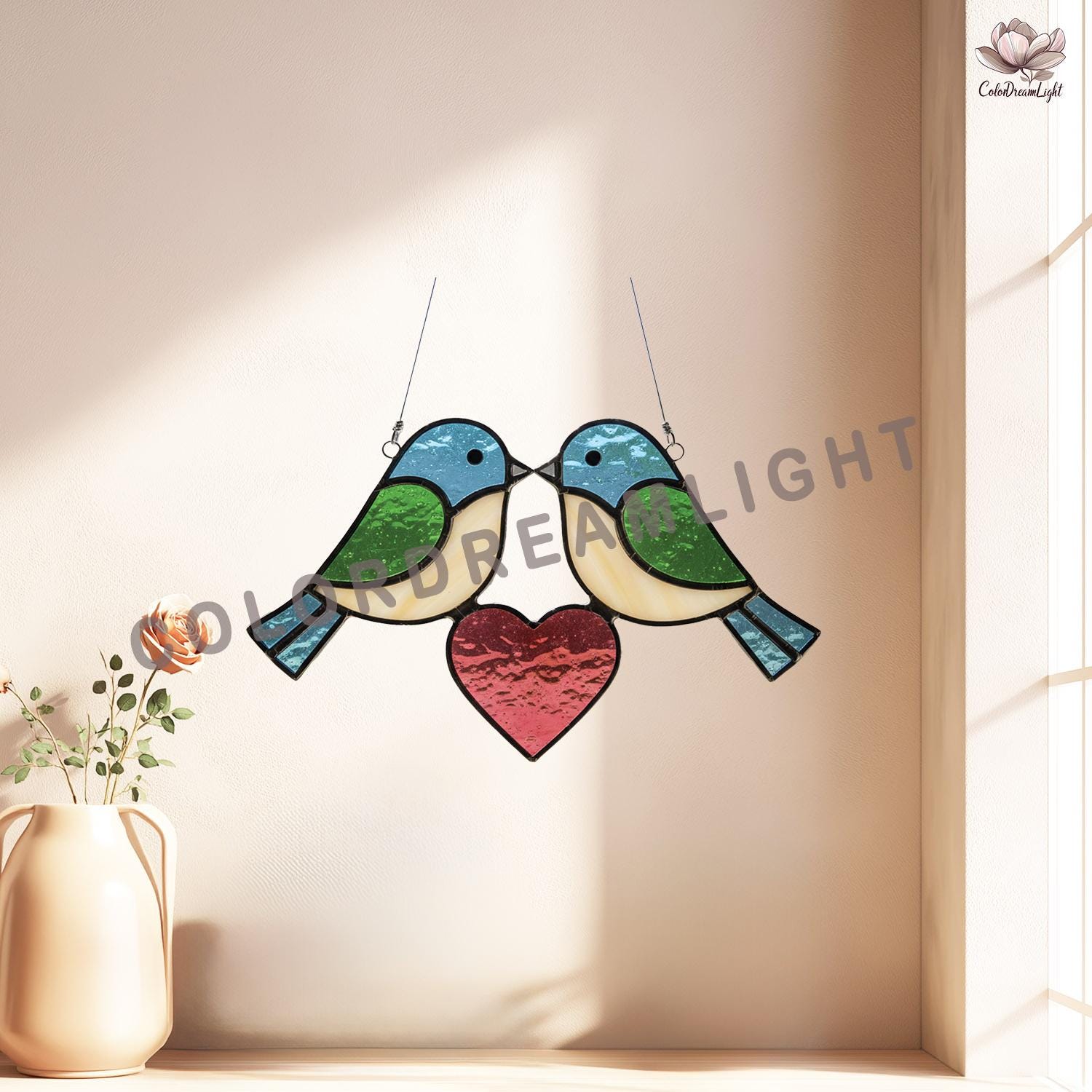 Love Bird Stained Glass Pattern With Heart, Bird Suncatcher Window