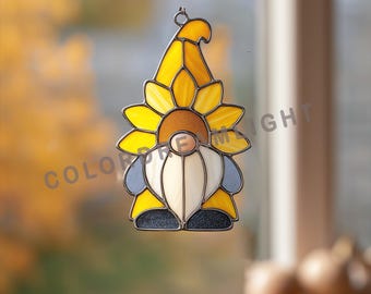 04-81GO Sonnenblumenzwerg Glasmalerei Muster, Sommer Gartenzwerg Suncatcher Vorlage PDF, Wunderliches Frühlingsdekor, DIY Anfänger Glaskunst