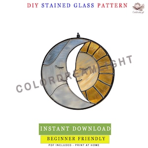 Sun and Moon Stained Glass Pattern – Sleeping Celestial Couple Suncatcher Template – Digital Download for Window Hanging Art,