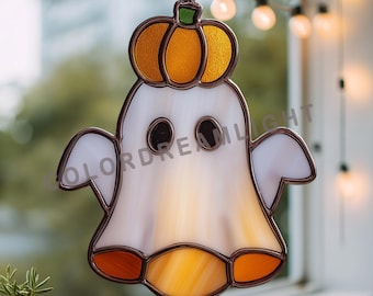 Pumpkin Ghost Stained Glass Pattern, Halloween Suncatcher Template, Fall Window Glass Art PDF, PNG Download (No.04-28HA)