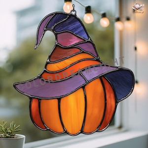 Pumpkin Witch Hat Stained Glass Pattern, Halloween Suncatcher Template, Diy Glass Art Window Hanging Design PDF SVG PNG  (No.04-19HA)