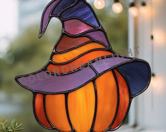 Patrón de vidriera de sombrero de bruja con calabaza, plantilla de atrapasoles de Halloween, diseño de arte en vidrio para colgar en la ventana (PDF, SVG, PNG) (N.º 04-19HA)