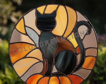 Black Cat Stained Glass Pattern, Halloween Cat Suncatcher Template, Round Cat Glass Panel Design, Digital Download (No.04-16HA)