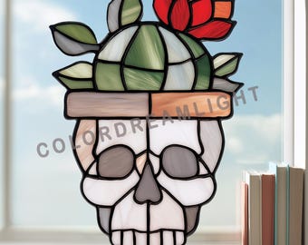 Patrón de vidriera de calavera, plantilla de atrapasoles colgante de ventana con suculentas y flores para Halloween (descarga en PDF, PNG, SVG, n.° 04-169HA)