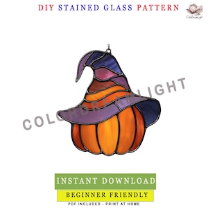 May include: A stained glass pattern in the shape of a witch's hat and pumpkin. The hat is purple and blue, and the pumpkin is orange. The text "DIY STAINED GLASS PATTERN" is at the top. The text "INSTANT DOWNLOAD" and "BEGINNER FRIENDLY" are at the bottom.