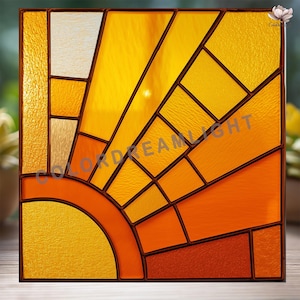 May include: A square stained glass panel featuring a sunrise design. The artwork uses shades of yellow, orange, and brown, with a dark brown border. The text "COLORDREAMLIGHT" is visible across the bottom of the image.