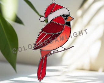 Carnidal Stained Glass Pattern with Santa Hat, Christmas Suncatcher Template, Bird Ornament Glass Art, Instant Download  (No.04-135CH)