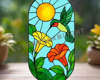 Hummingbird & Trumpet Stained Glass Pattern, Nature Window Panel Design, Botanical Decor (PDF SVG PNG)