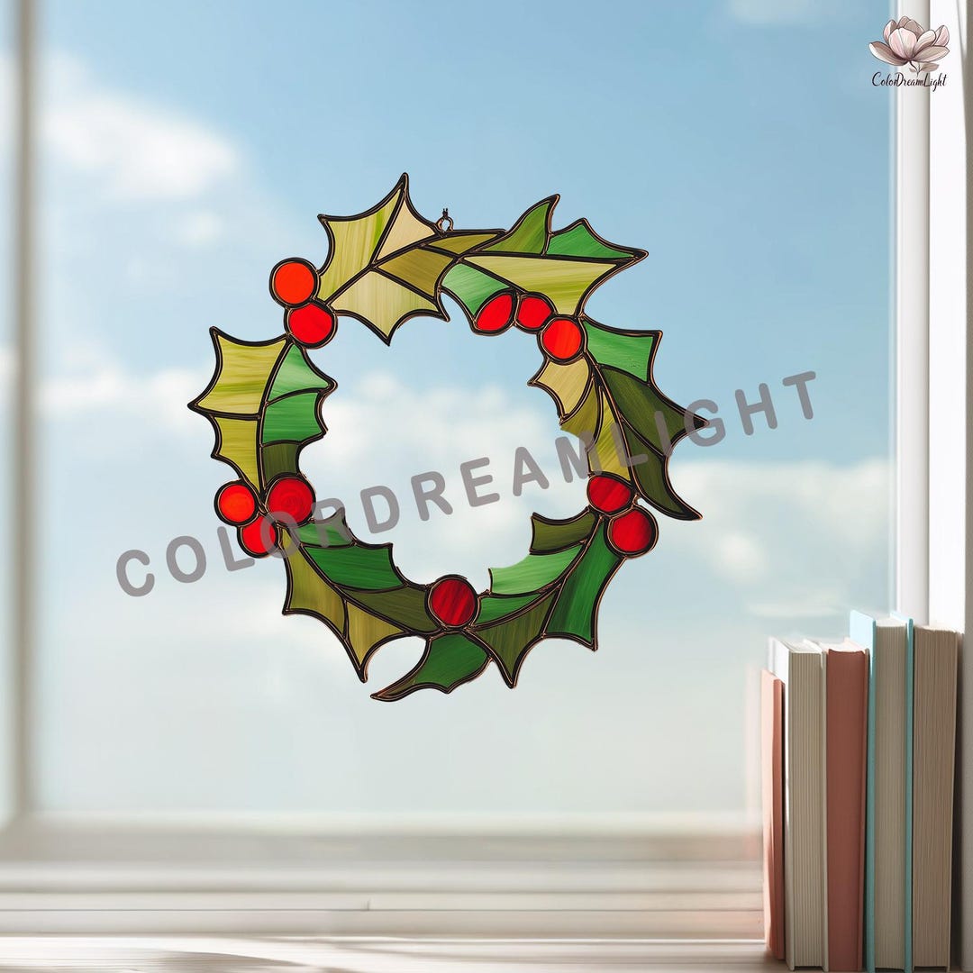 Holly Leaf Wreath Stained Glass Pattern, Christmas Suncatcher Design ...