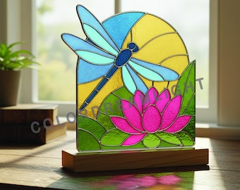 Patrón de vitral con diseño de libélula y loto, plantilla para atrapasol natural, decoración del hogar (descarga PDF, SVG y PNG)