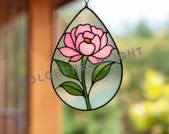 Patrón de vitral de peonía rosa (PDF) / Atrapasueños en forma de lágrima (SVG) / Plantilla de flor de primavera para colgar en la ventana (n.° 04-76PA)